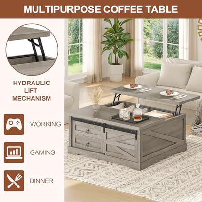 Itaar 39.4'' Lift Top Coffee Table with Storage, Farmhouse Coffee Tables for Living Room, Square Coffee Table with Large Hodden Compartment & 2 Drawrs & Adjustables Shelves (Gray) - color: Grey