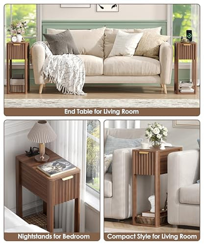 Akxomel Narrow Fluted Nightstands Set of 2, Wooden Slim Bedside Table with Charging Station, Mid-Century Modern Night Stand with Drawer and Open Shelf, Small Side End Table, for Bedroom, Walnut - color: Walnut