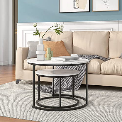 HOJINLINERO Round Coffee Table,Nesting Coffee Table Set of 2,Center Tables for Living Room,Office, Home Small Space,Stacking Side Tables,Sturdy and Easy Assembly,Wood Desktop,Black+White,Large - color: White, size: Large