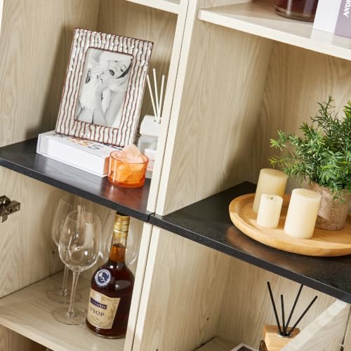 Farmhouse Tall Storage Cabinet with Adjustable Shelves, 3D Wood Grain Finish MDF Bookcase, Open Display Cubbies & Closed Barn Door Storage, Freely Combinable Bookshelf for Bedroom Living Room Office