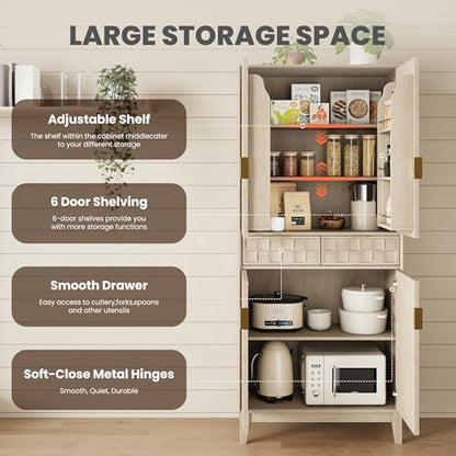 Pantry Cabinet, 71" Tall Pantry Cabinet,Modern Kitchen Cabinet with Doors, Drawers & Adjustable Shelves, Freestanding Food Pantry Cupboard with Side Rack for Kitchen Dining Room,Oak - color: Oak
