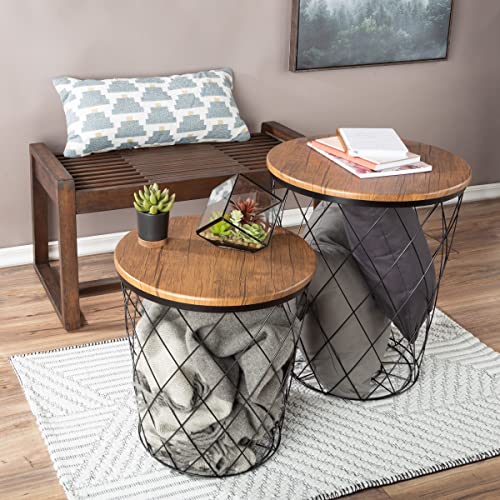 Lavish Home End Tables - Round Nesting Tables Set of 2, Brown Woodgrain | 17.5”/15.5” Side Tables with Removable Wood Tops & Metal Basket Bases for Blanket Storage, Living Room, Bedroom & Home Office - color: Black Diamond