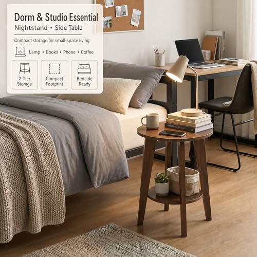 Small Round Side Table-17.7" Cute End Table with 2-Tier Storage | Waterproof Low Nightstand for Kids Room,Nursery,Small Spaces,Plant Stand&Bean Bag(Walnut) - color: Walnut