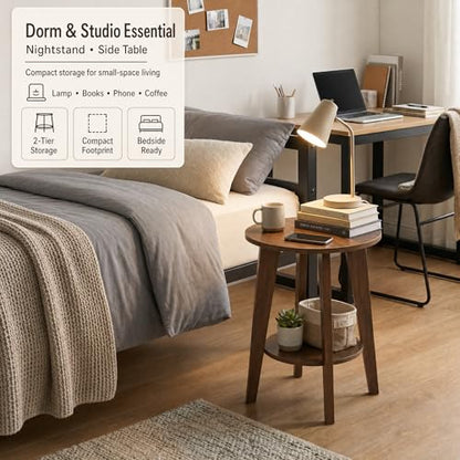 Small Round Side Table-17.7" Cute End Table with 2-Tier Storage | Waterproof Low Nightstand for Kids Room,Nursery,Small Spaces,Plant Stand&Bean Bag(Walnut) - color: Walnut