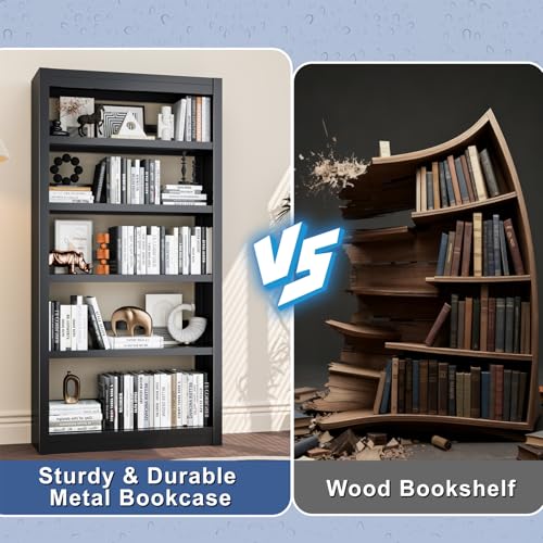61" 5-Tier Metal Bookshelf,4 Adjustable Shelves,Large Capacity(Black) | 200LB Capacity,No Screws Easy Assemble,Sturdy,Steel,Modern for Living Room - color: Black, size: 61"Hx27.5"Wx11.8"D