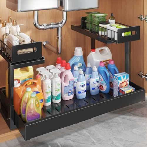 1 Pack-16"-26"W Expandable Under Sink Organizer With Upgrade Ball-Bearing Slide,2-Tier Pull Out Under Cabinet Organizer Height Adjustable,Not Suitable For Cabinets With Partitions In The Middle - color: Black, size: 1 Pack-16"-26"W