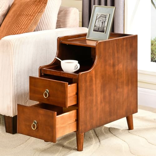 Narrow End Side Table with 2 Drawers and Pull-Out Tray, No-Tools Assembly Sofa Beside Table for Living Room, Slim Side Table with Solid Wood Legs, 11.8”W x 21.6”L x 22.9”H Caramel Brown BG-A1359-MG - style: 1*End Table with 2 Drawers