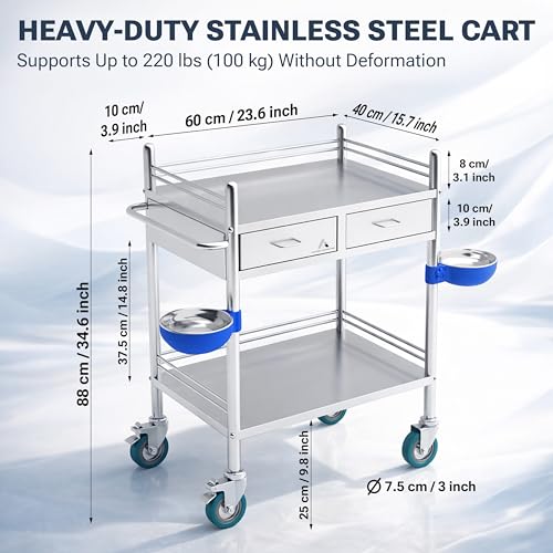 *Improved & Upgraded* Medical Stainless Steel 2 Tier Rolling Cart with Wheels and Drawers | Dental Hospital Nursing Trolley | Easy-to-Disinfect Phlebotomy Mobile Workstation