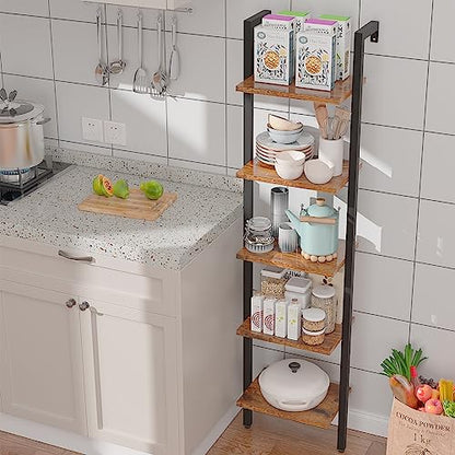 YMYNY 5 Tiers Ladder Bookcase, Industrial Wall Mounted Bookshelf, Open Display Rack with Metal Frame, Wooden Storage Shelves for Bedroom, Home Office, Plant Stand, Rustic Brown, 70*17.3*11.8"UHBC015H - color: Rustic Brown