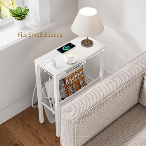 Narrow Side Table with Charging Station, Skinny Nightstand with USB Ports & Outlet, Slim Sofa Side Table with Storage Bag, Small End Table for Small Spaces, Living Room, Bedroom, White - color: White
