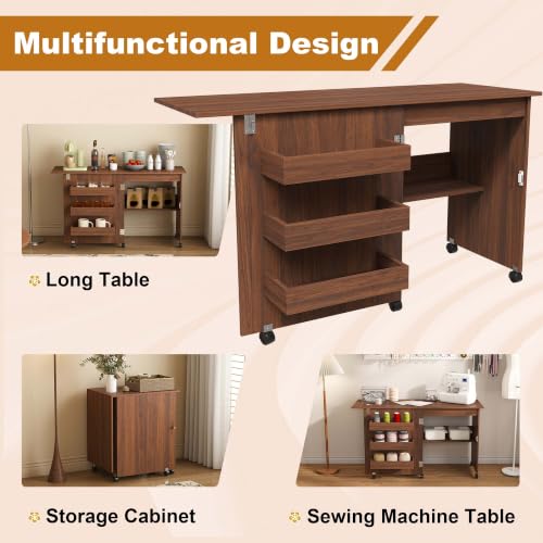 HRVEOCEI 4-in-1 Folding Sewing Table with Storage, Sewing Desk Foldable with Lockable Wheels & Power Socket, Sewings Machine Cabinet & Craft Desk with Shelves, Compact Design (Walnut, 45 Inch) - color: Walnut, size: 45 Inch