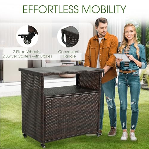HOMEFUN Outdoor Bar Cart with Storage Cabinet - Outside Bar Table with Wheels Wicker Grill Carts Patio Kitchen Island Table Weatherproof Prep Stand, Brown - color: 09-brown