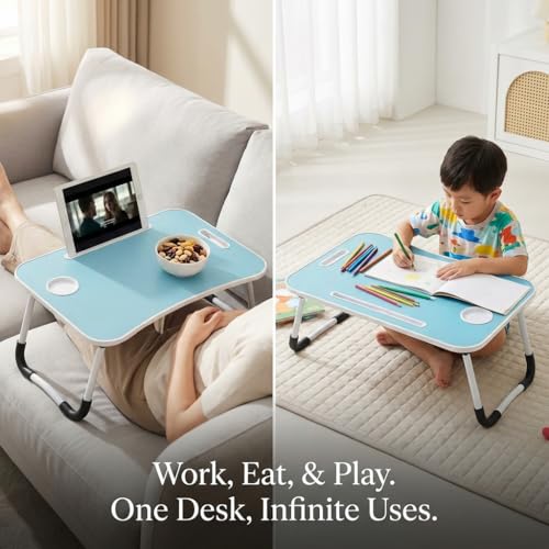 BUYIFY 23" Foldable Lap Desk for Laptop Writing w/Cup Holder Blue | Sturdy and Durable, Laptop Bed Desk with Tablet Slot, No Assembly, Space Saving for Bed Couch Dorm WFH Students - color: Blue