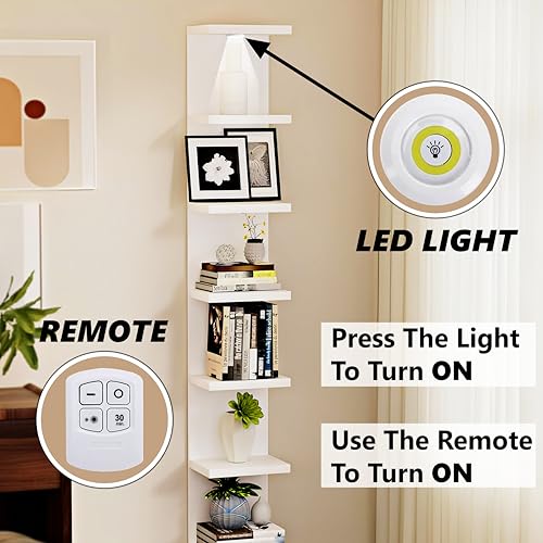 home stuff Lack Wall Shelf Unit with Extra Strong Backboard, Versatile 7 Tier Shelf Unit, White Lack Wall Shelf, Display Floating Shelf with LED Remote Control Light (White) - color: White