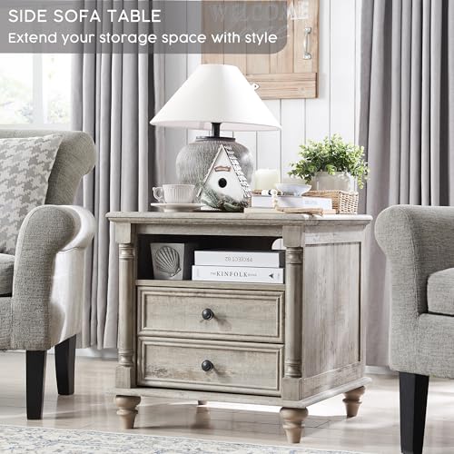 T4TREAM 24" Farmhouse Nightstands with 2 Drawers, Light Rustic Oak | 4 Solid Wood Feet, Charging Station, Tall Rustic Wood Square, Sofa Side Table, Living Room, Bedroom - color: Light Rustic Oak