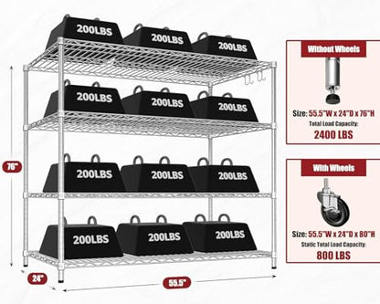 PrimeZone 4 Tier 55.5" Wx24 Dx76 H Wire Shelving with Wheels 2400lbs NSF Certified Storage Shelves Heavy Duty Metal Shelf Adjustable Rolling Rack Commercial Garage Restaurant Warehouse Chrome 2Pack - size: 55.5" W x 24" D x 76" H