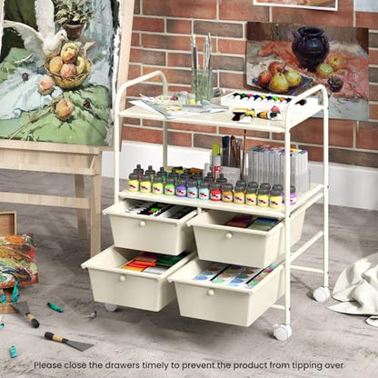 GOFLAME 4-Drawer Rolling Storage Cart with 2 Shelves, Mobile Utility Cart with Removable Drawers and Metal Frame, Art Craft Drawer Cart with Lockable Wheels for Home, Office, School, Studio, White - color: White