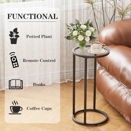 Easy Paws Round Side Table,Glass C Shaped Table,Couch End Table, Tempered Glass Snack Table with Metal Frame, Sofa Couch Bedside Table,TV Tray Table for Small Space(Black,2pcs) - color: Black
