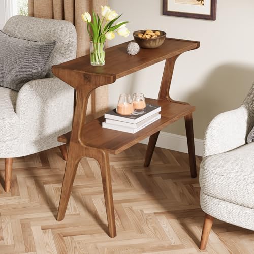 Tribesigns Solid Wood End Table, 2-Tier Farmhouse Side Table with Storage Shelves, Slim Side Table for Couch with Unique Legs, Long Bedside Table for Bedroom, Living Room, Rustic Brown - color: Rustic Brown
