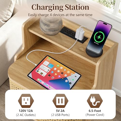 Storage End Table with 2 Door, Bed Side Table with Charging Station, Metal Rattan Nightstand for Bedroom, Desk Side Table for Living Room Couch Sofa, Office, Small Spaces - Natural - size: Door Natural-1pcs