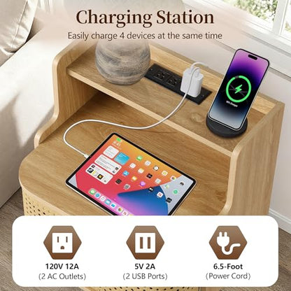 Storage End Table with 2 Door Set of 2, Bed Side Table with Charging Station, Metal Rattan Nightstand for Bedroom, Desk Side Table for Living Room Couch Sofa, Office, Small Spaces - Natural - size: Door Natural-set