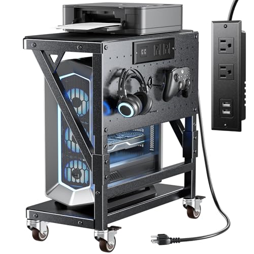 POKIPO Computer Tower Stand with Charge Station and USB Port,Pc CPU Holder Cart for Floor Carpet with Wheels,Heavy Duty Metal,Adjustable Height,Rolling Pc Printer Desktop Under Desk for Home Office
