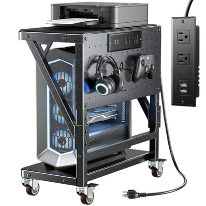 POKIPO Computer Tower Stand with Charge Station and USB Port,Pc CPU Holder Cart for Floor Carpet with Wheels,Heavy Duty Metal,Adjustable Height,Rolling Pc Printer Desktop Under Desk for Home Office