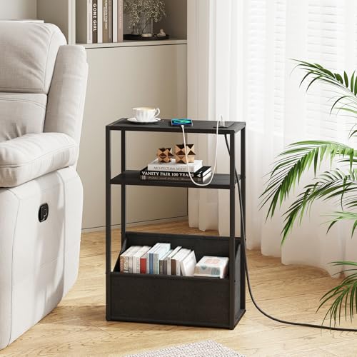TUTOTAK Keep Phones Charged & Books Organized with Slim 3-Tier Side Table with Charging Station for Living Room Bedroom TB01BK095 - color: Black