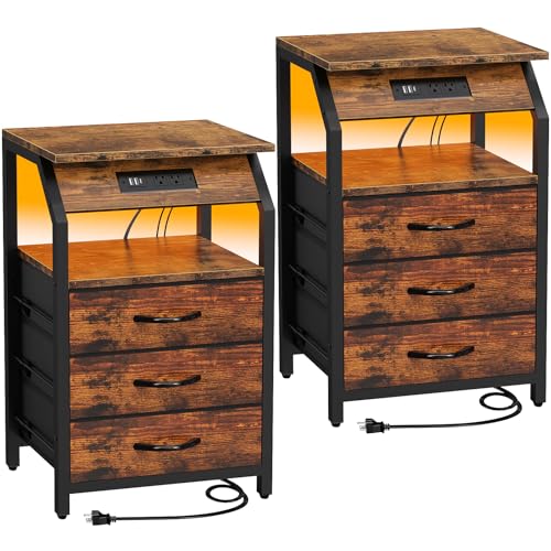 SZLHANJZ End Tables Set of 2, LED & Charging Station, 3 Fabric Drawers | Nightstands with 3 Large Fabric Drawers Bedside Table, Storage Side Tables for Bedside, Living Room, Rustic Brown - color: Rustic, size: 3 Drawers - Set of 2
