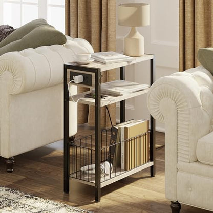TRIFEBLE Narrow Side Table with Charging Station, Small End Table for Small Spaces, Slim Nightstand with Storage Basket, 3 Tier Skinny Bedside Table for Living Room, Bedroom, Greige - color: Greige, style: With Basket & Power