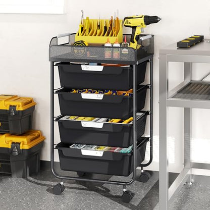 SYKIARIOL 4-Drawer Rolling Storage Cart with Mesh Top, Utility Craft Organizer Cart on Wheels with DIY Labels, Rolling Drawer Cart for Home Office Classroom Bedroom, Black - color: Black