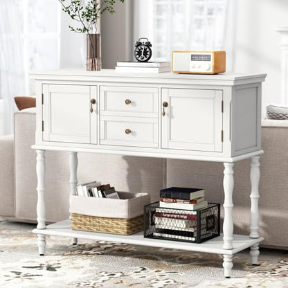ARTPOWER Console Table with 2 Drawers, Retro Entryway Table with 2 Door Cabinets and Open Storage Shelf, Narrow Long Behind Couch Sofa Table for Living Room, Foyer, Hallway, White - color: White