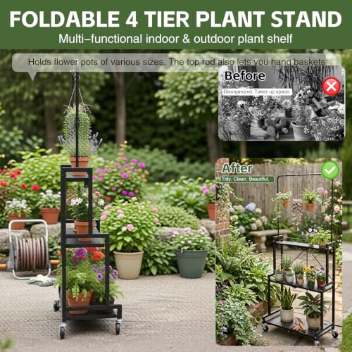Foldable 4-Tier Plant Stand Indoor Outdoor Hanging Plant Shelf No Assembly Required Pot Placement Area With Wheels Sturdy Fall Prevention Storage Shelf Flower Pot Stand