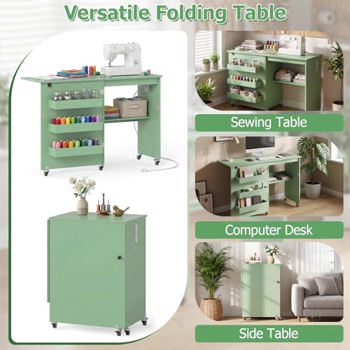 Giantex Folding Sewing Table with Charging Station, Storage Trays & Shelf | Rolling Craft Table with Lockable Wheels, Foldable Sewing Machine Cabinet Desk for Small Spaces, Dorms, Sage - color: Sage