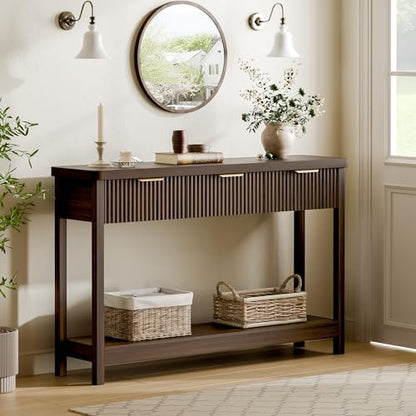 Fluted Console Table, 51 Inch Entryway Table with 3 Drawers | Scandi farmhouse look with quiet full-extension slides, open lower shelf, profile for hallway, entry, foyer or behind sofa. - color: Walnut