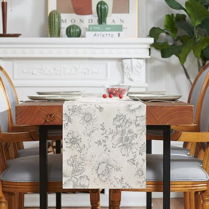 jinchan Grey Floral Linen Table Runner 13 x 90 Inch Farmhouse | Neutral botanical details bring warmth to family dinners, celebrations and everyday dining spaces. - color: Peony | Grey on Linen, size: 90" x 13" (Rectangular)