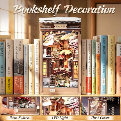 CUTEBEE Book Nook Kit - DIY Miniature House Dollhouse for Adults | Japanese Kyoto Winter Street Scene, Bookshelf Decor 3D Wooden Puzzle Model Kit, Diorama Bookish Gifts (Kyoto Snow Scene)