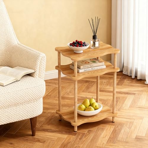 THUMEYE 3-Tier Side Table, 15.7”x11.8”x23” Space-Saving End Table with Solid Wood Legs, Tool-Free Assembly Nightstand for Bedroom Living Room, Burlywood - color: Burlywood