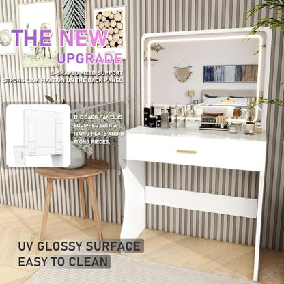 Vanity Desk, Makeup Vanity with LED Light Mirror, Small White Vanity with a Super Large Drawer and Power Outlet, 3 Color Lighting Modes Makeup Table for Bedroom, Dressing Room (White1) - color: White1