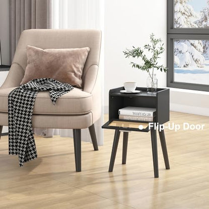 LAATOOREE Nightstand Set of 2, Small Black Bedside Table, End Table with Rattan Door, Boho Side Table with Solid Wood Legs for Bedroom Living Room Small Space - color: Black, style: Boho Style