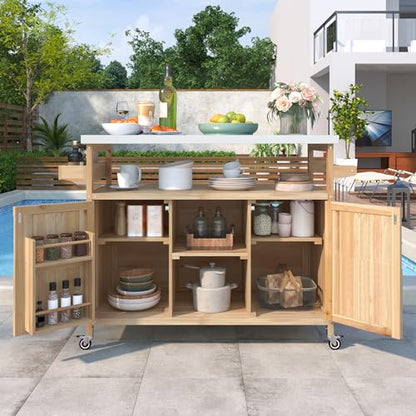 Merax 50" Outdoor Kitchen Grill Cart Island on Wheels with Stainless Steel Top,Farmhouse Style Solid Wood Frame Storage Cabinet for Patio - color: Natural