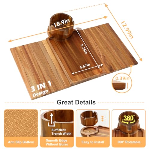 Couch Cup Holder Tray,Acacia Wood Couch Arm Table with Phone Holder, Large Foldable Sofa Arm Tray for Drink Snacks Table - color: Acacia Wood