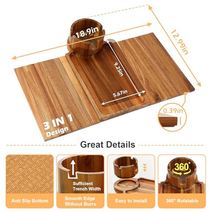 Couch Cup Holder Tray,Acacia Wood Couch Arm Table with Phone Holder, Large Foldable Sofa Arm Tray for Drink Snacks Table - color: Acacia Wood