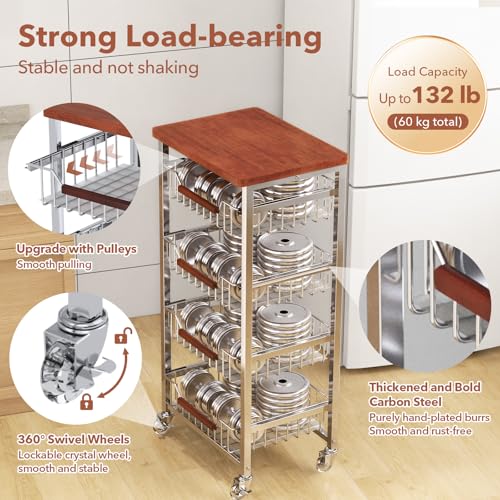 5-Tier Rolling Fruit & Vegetable Storage Cart with Drawers, Extra-Thick Metal Kitchen Organizer Cart on Wheels, Fruit Basket Stand& Fruteros para Cocina, Narrow Pantry Cart for Storage - size: 5-Tier Extra-Thick