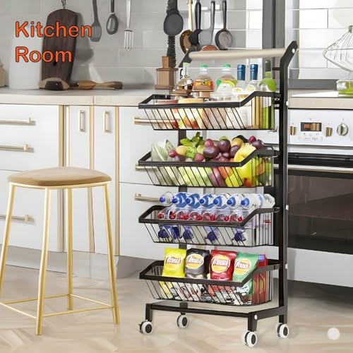 4-Tier Rolling Storage Cart with Wheels, Adjustable Metal Fruit & Vegetable Basket Organizer with Wood Handle, Mesh Wire Utility Rack for Kitchen, Pantry, Bathroom, Black