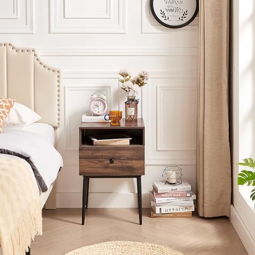 VECELO Night Stand Set of 2,Modern Solid Wood Nightstand with Storage Shelf and Drawer, Bedside Table End Table for Living Room,Bedroom,Entryway,Easy Assembly,Brown - color: Rustic Brown(set of 2)