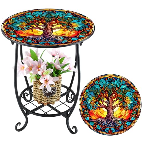 Cinnvoice Outdoor Side Table Round Small Mosaic Patio Accent Indoor End Plant Coffee Tea Table for Yard Patio Porch Garden Living Room, Bedroom(Tree Style,14 Inch) - size: 14 Inch, style: Tree Style