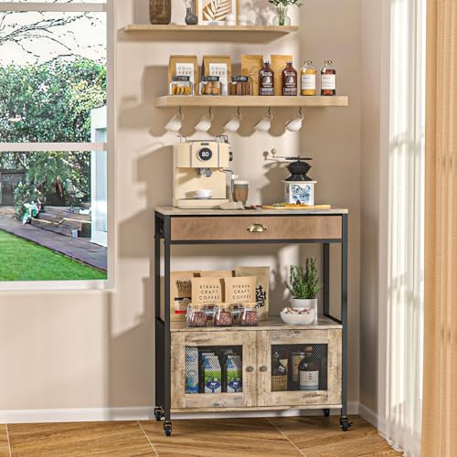 X-cosrack Large Coffee Bar Cabinet，3 Tiers Kitchen Coffee Cart with Drawer for The Home, Movable Farmhouse Station Table on Wheels for Living Room, Entryway, Dining Room, Kitchen