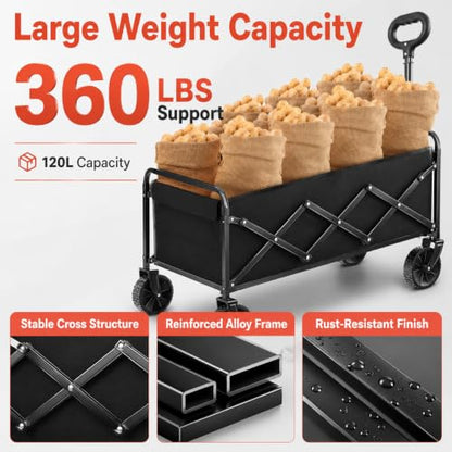 Collapsible Wagon Cart with Wheels, Compact 360 lb Folding Utility Wagon | 120L compact wagon with 360 lb support, 11 lb lightweight design, adjustable handle, 2 cup holders and all-terrain wheels - size: 360LB