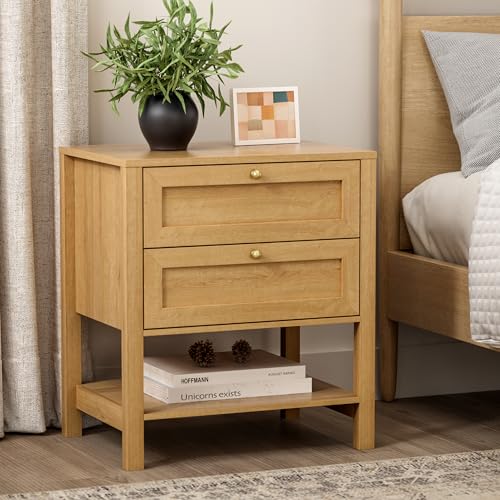 Modern Nightstand with Drawers, Large Farmhouse Wood Bedside Table with Open Shelf, 22" Wide Tall End Table for Sofa, Bedroom, Natural Oak - color: Natural Oak, size: 1 PC (2 Drawers)